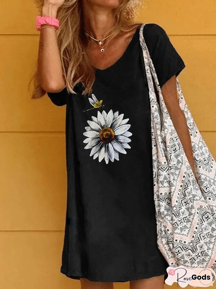 Black Printed Cotton Casual Dress