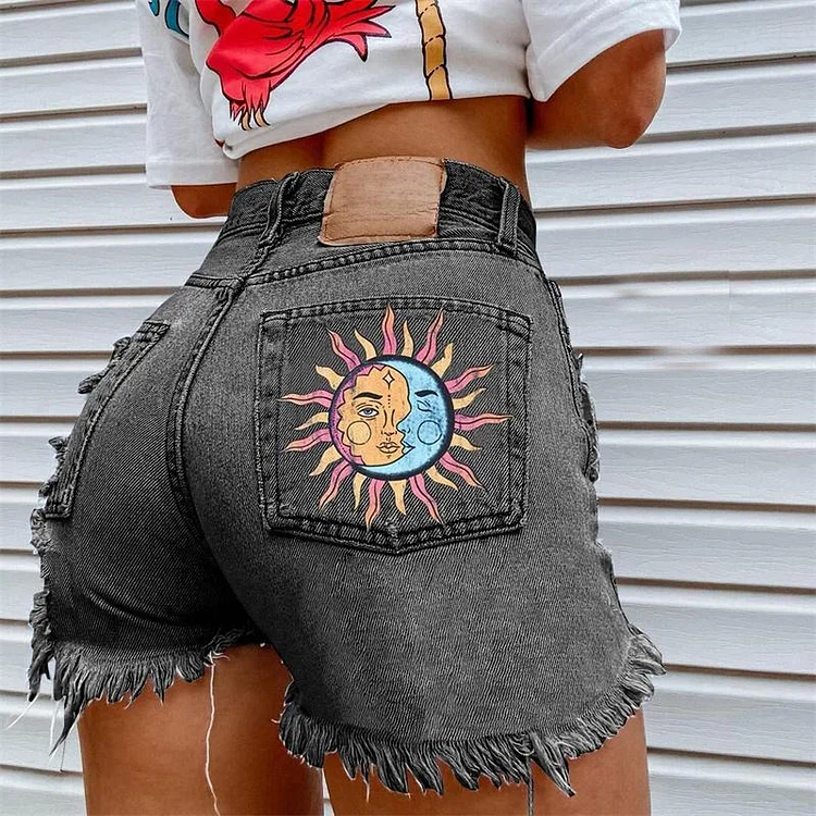 Sun Printed Ripped Denim Shorts