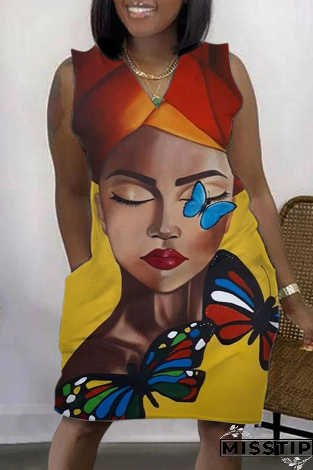 Cyan Casual Print Basic V Neck Sleeveless Dress Dresses