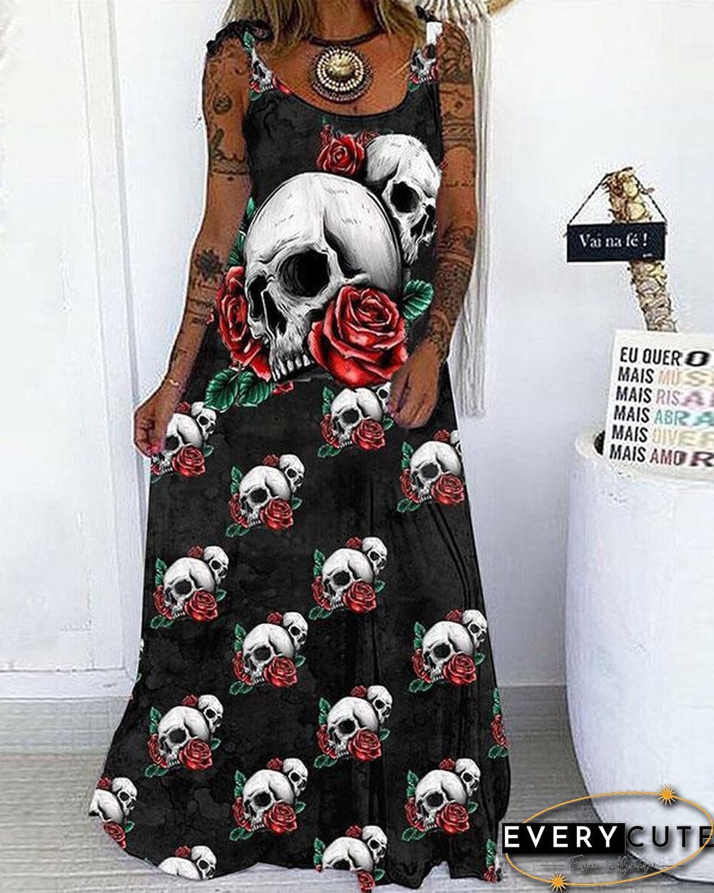 Skull&Rose Print Lace up Spaghetti-Strap Maxi Dress