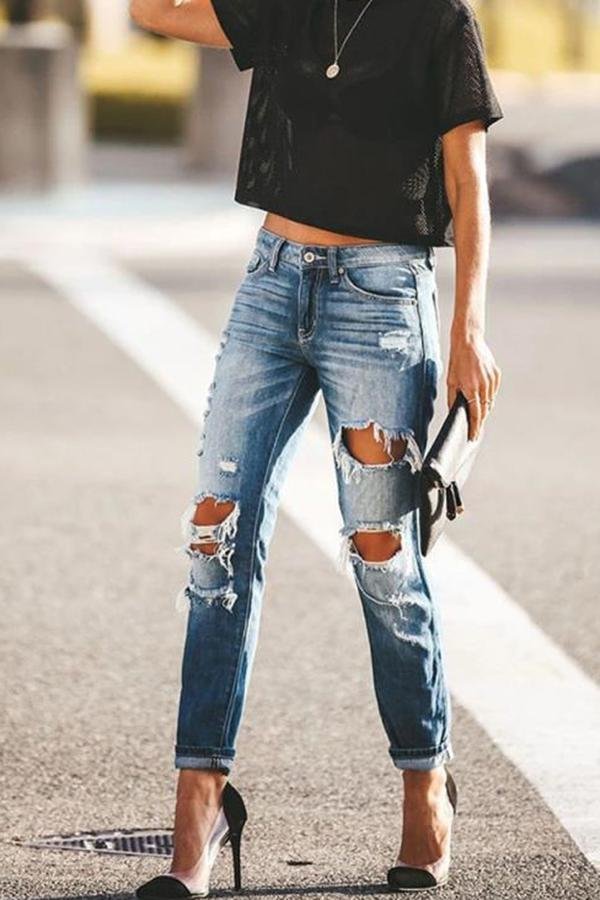 Womens Classic Ripped Straight Cut Jeans-Allyzone-Allyzone