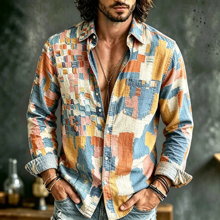 Men's Vintage Retro Textured Patchwork Mosaic Bohemian Colorful Woven Print Linen Blend Pocket Shirt