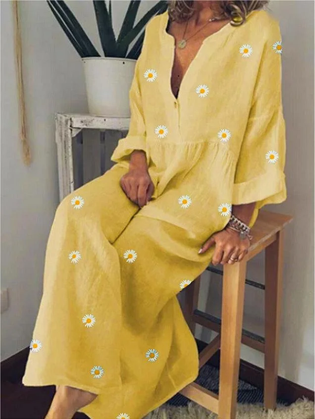 Women Summer Loose Maxi Dress Daisy Printed Maxi Dress