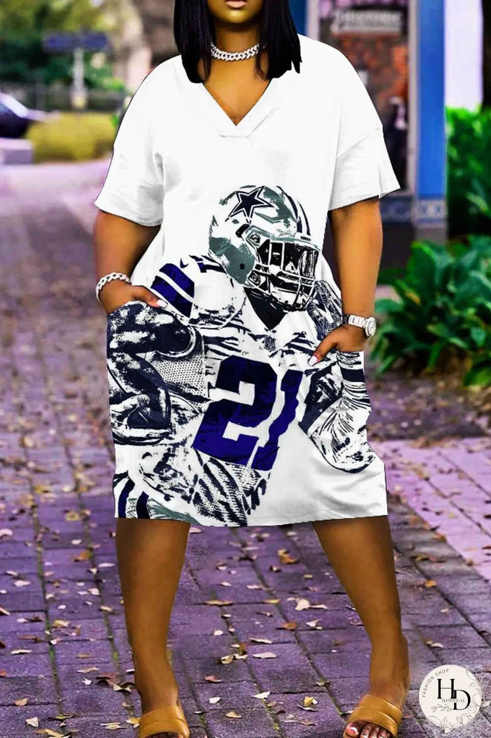 White Blue Casual Print Patchwork V Neck Straight Dresses