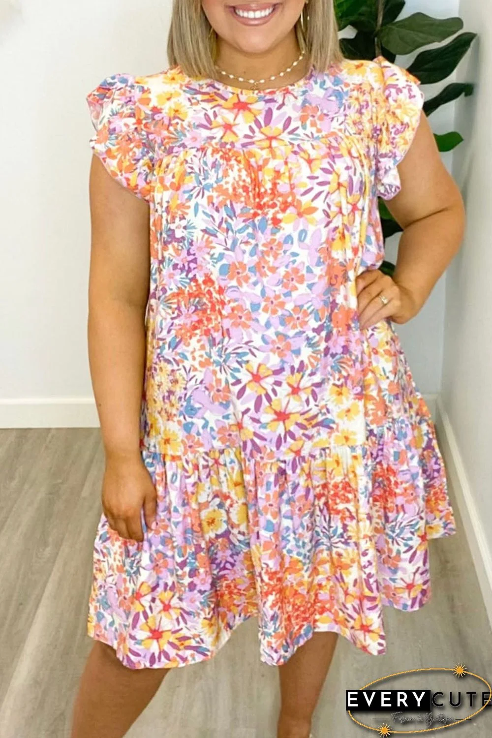 Multicolor Floral Print Ruffled Short Sleeve Plus Size Dress