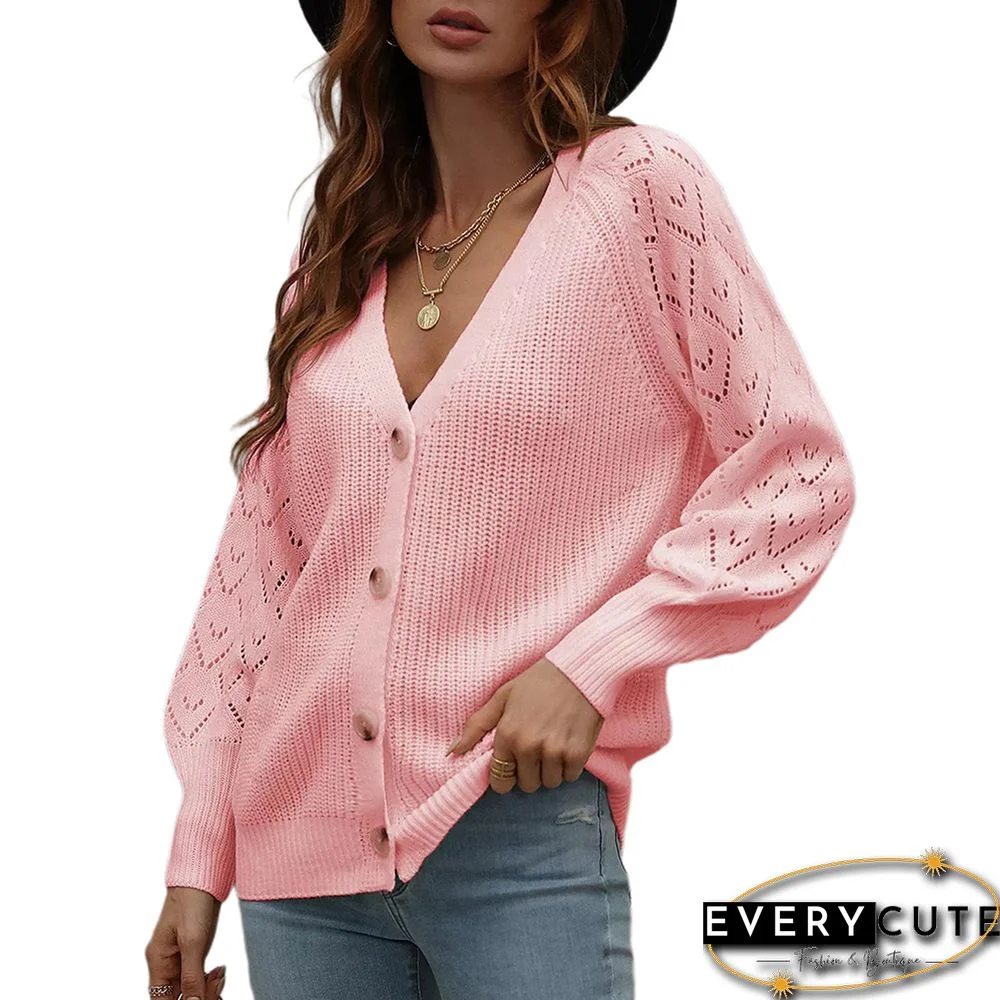 Pink Solid Hollow-out Long Sleeve Knit Cardigan