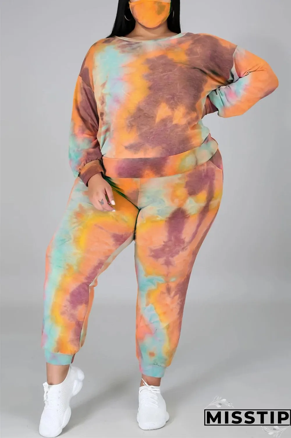 multicolor Fashion Casual Print Tie Dye Tie-dye Backless O Neck Plus Size Set
