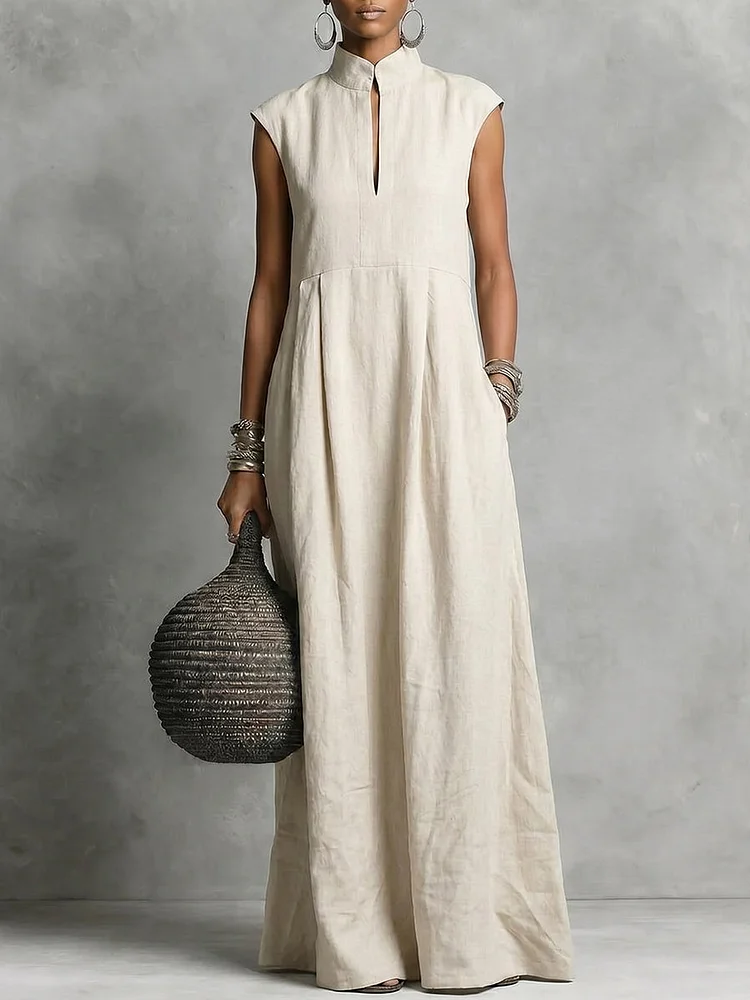Women's Stand-collar Sleeveless Cotton-linen Dress