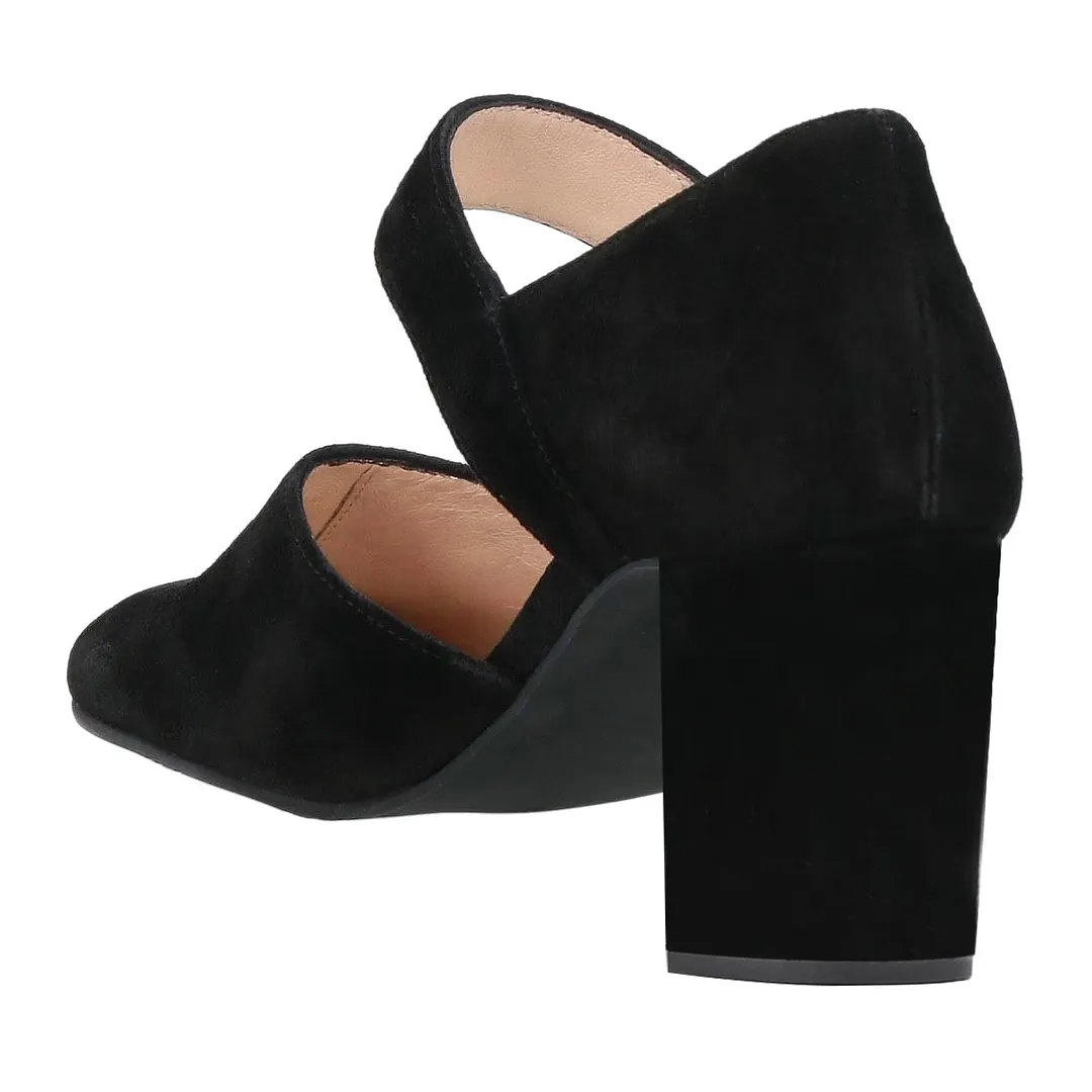 Vegan Suede Round Toe Ankle Strap Buckled Black Pumps for Women