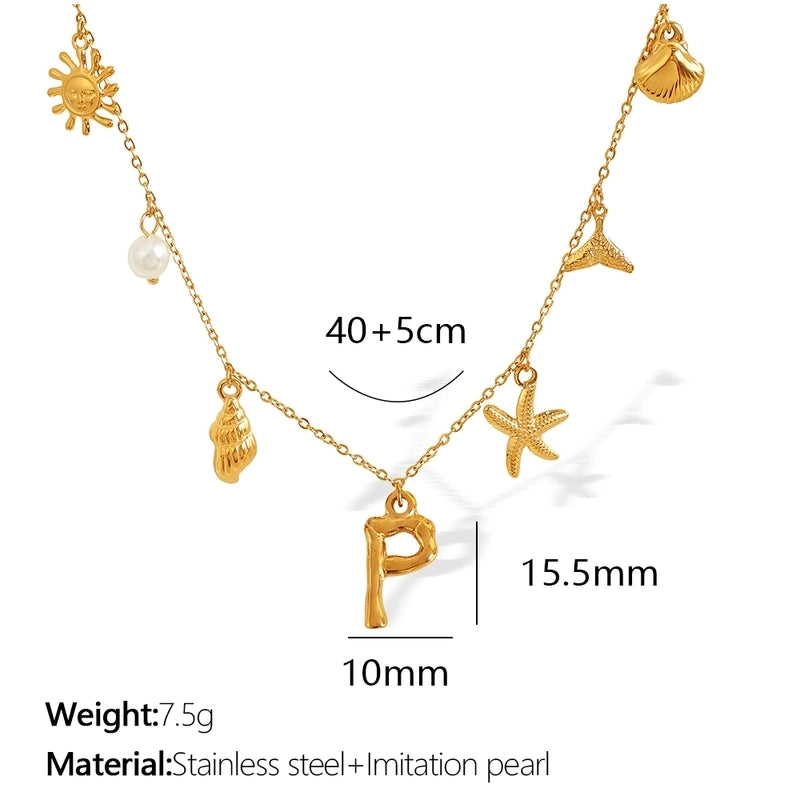 Beach Starfish 304 Stainless Steel Artificial Pearls 18K Gold Plated Polishing Inlay Pendant Necklace