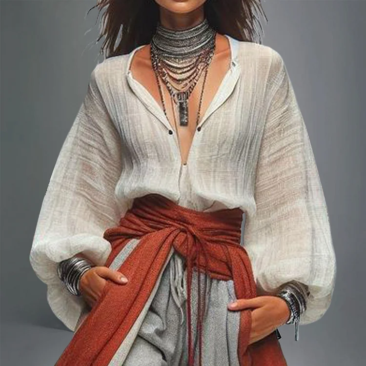 Casual Solid Deep V Neck Lantern Sleeve Blouse