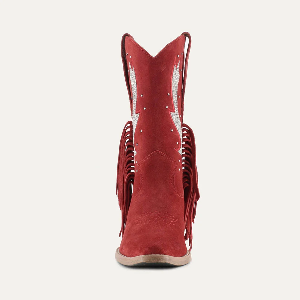 Red Vegan Suede Studded Snip Toe Rhinestone Wide Calf Cowgirl Boots