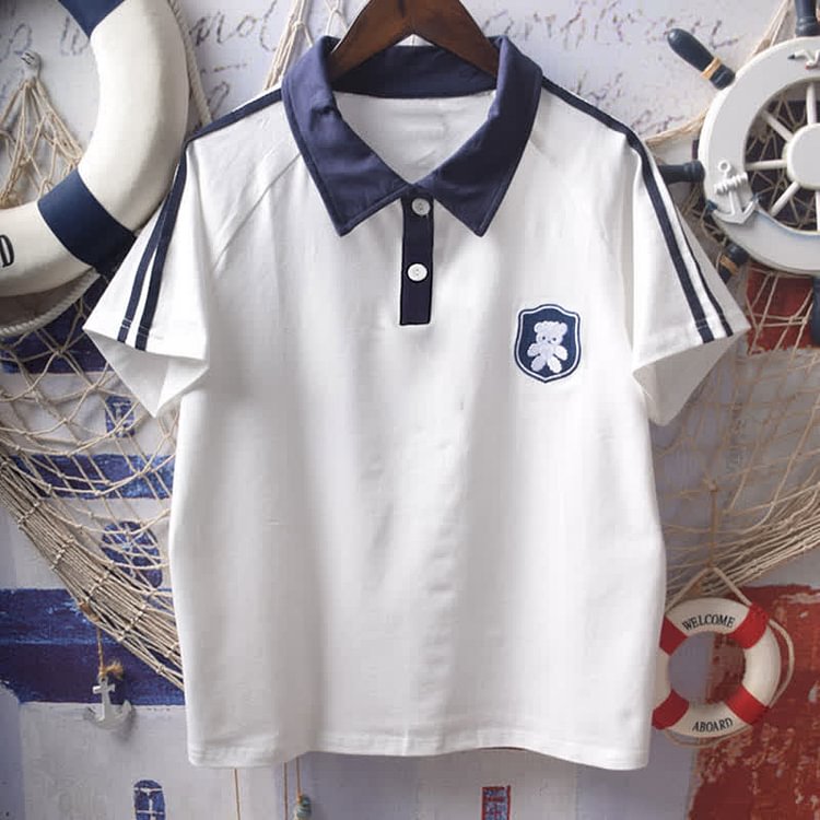 Bear Embroidery Stripe Polo Shirt - Modakawa Modakawa