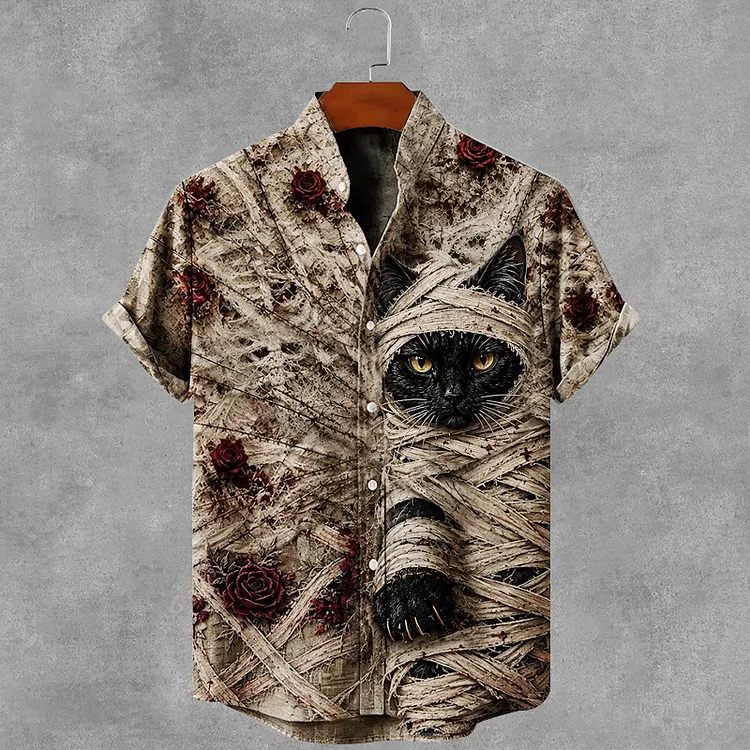 Men's Gothic Bandage Black Cat Rose Art Short Sleeve Linen Shirt