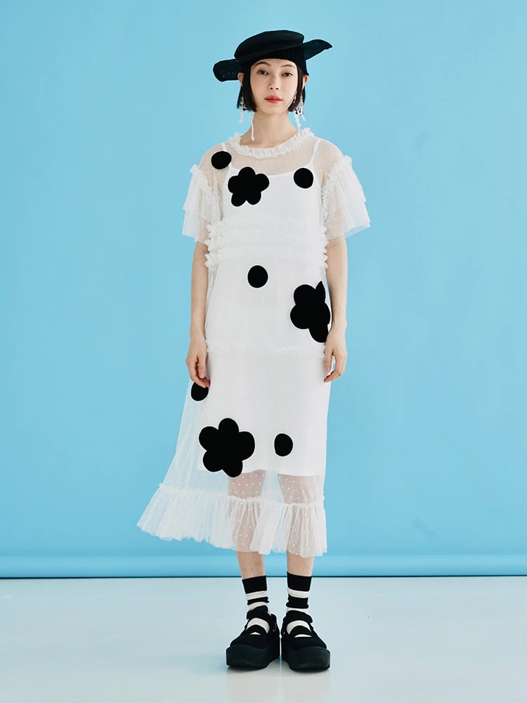 Budgetg original 2022 summer cool white appliqué gauze skirt dress for women Medium length white floral print casual skirt