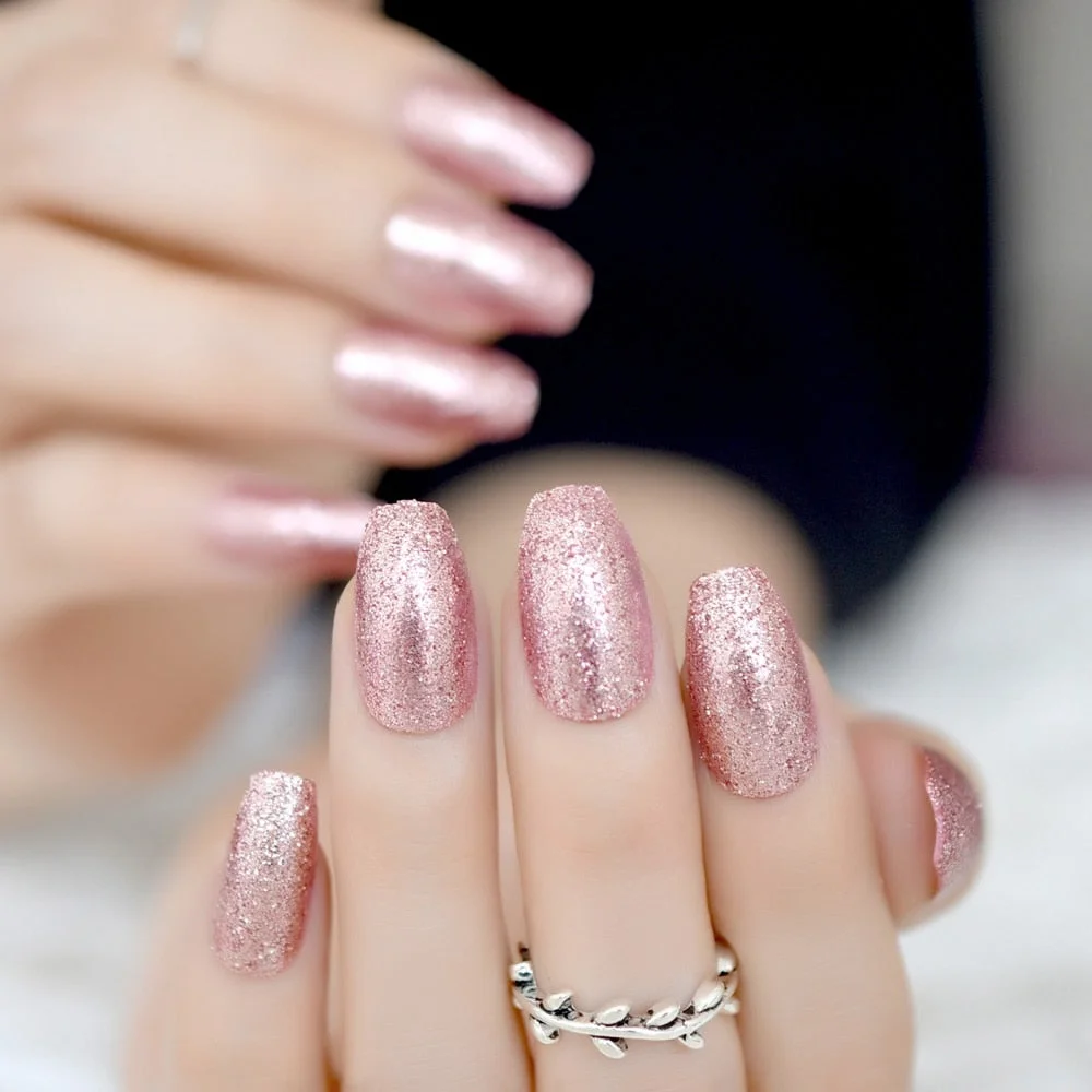 Rose Gold 24 Full Cover False Nails Gorgeous Glitter Ballerina Acrylic Nail Tips 12 sizes Full Coverage DIY Tips with Adhesive-Nail Inspo