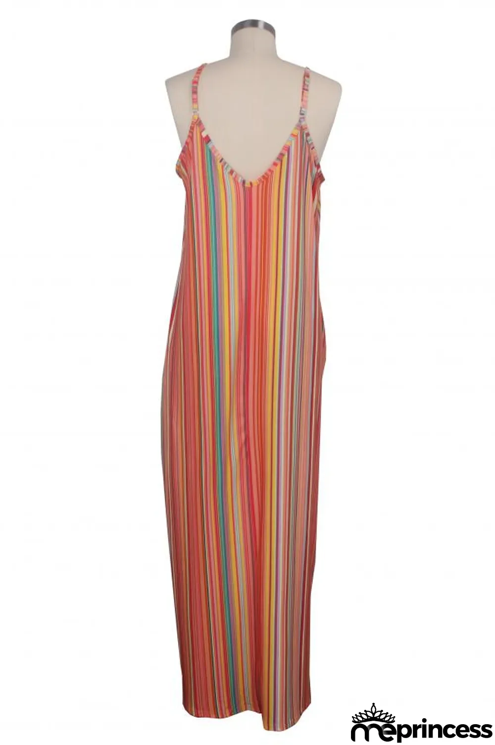Green Polyester Sexy Fashion Tank Sleeveless Slip A-Line Floor-Length Print asymmetrical Striped Patchwork