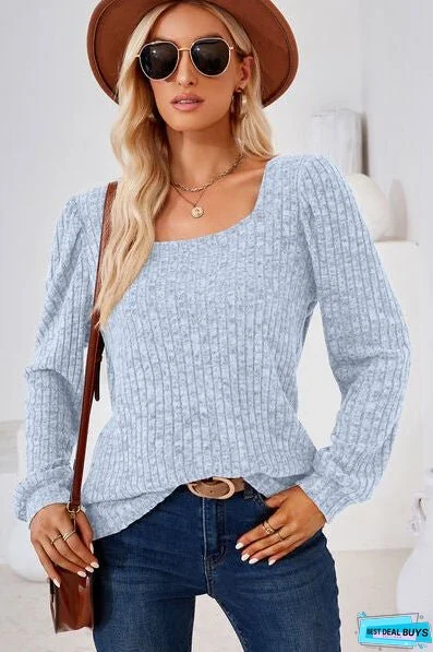 Ribbed Square Neck Long Sleeve T-Shirt