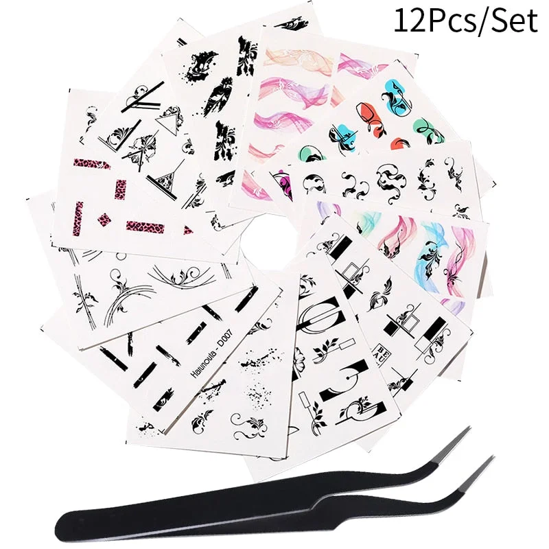 1 Tweezers +12 Water Decals Stickers Spring Summer Flower Leaves Butterfly Geometric Lots Nail Art Tattoo Decorations Manicures