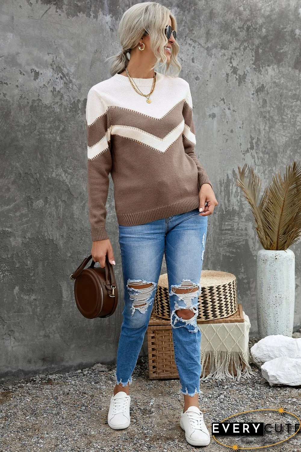 Khaki Chevron Colorblock Crew Neck Sweater