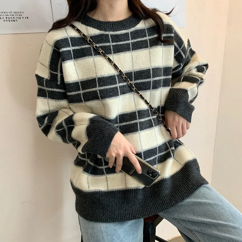 Syiwidii Vintage Plaid Woman Sweater Autumn Winter 2021 New Pullovers Long Sleeve O Neck Knitted Korean Tops Casual Loose Jumper