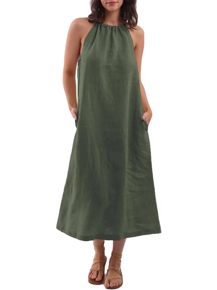 Women's Linen Blend Halter Neck Maxi Dress