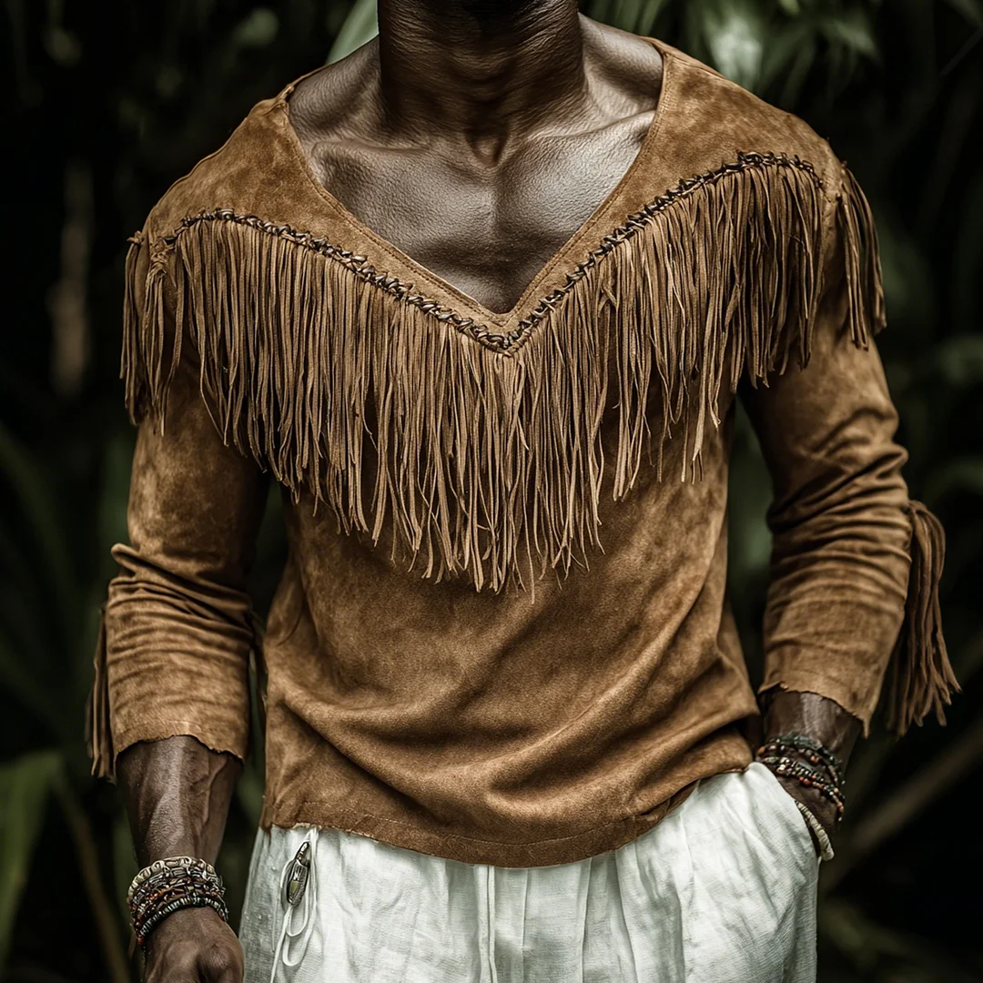 Men's Retro Suede Tassel-Decorated Long-Sleeved T-Shirt, Jungle Holiday Casual Tribal Ethnic Style Top-inspireuse