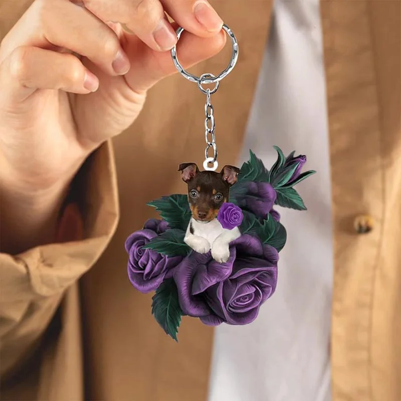 VigorDaily Rat Terrier In Purple Rose Acrylic Keychain PR045