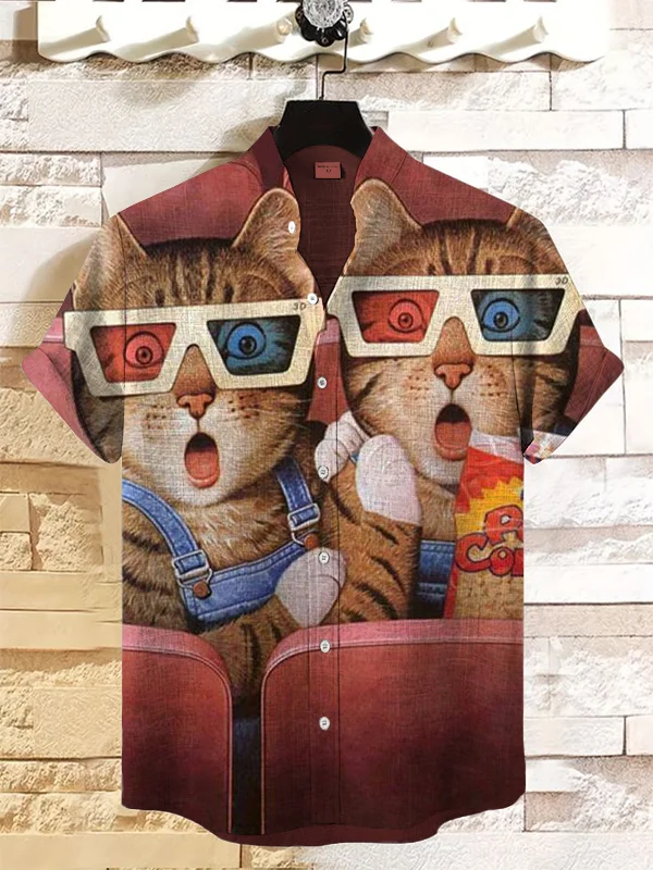Men's Cats Watching Movies Print Linen Blend Shirt