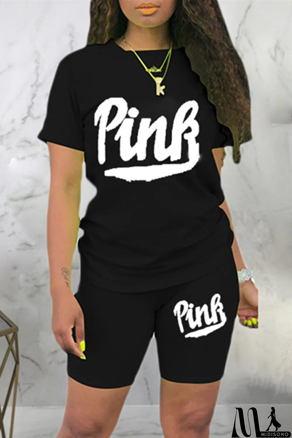 MidiSono - Black Fashion Casual Letter Print Basic O Neck Short Sleeve Two Pieces