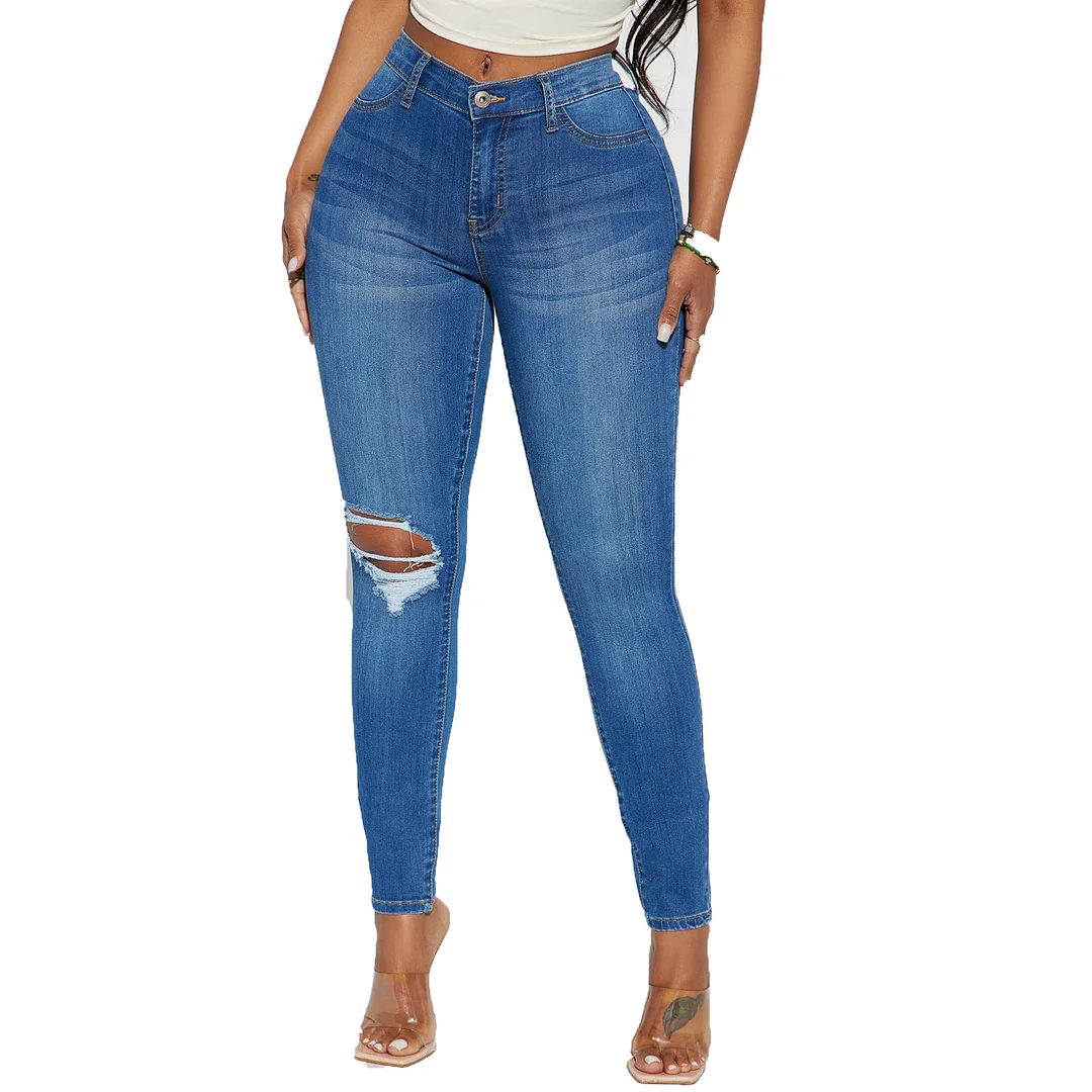 Women's Skinny Ripped Long Denim Jeans Pant