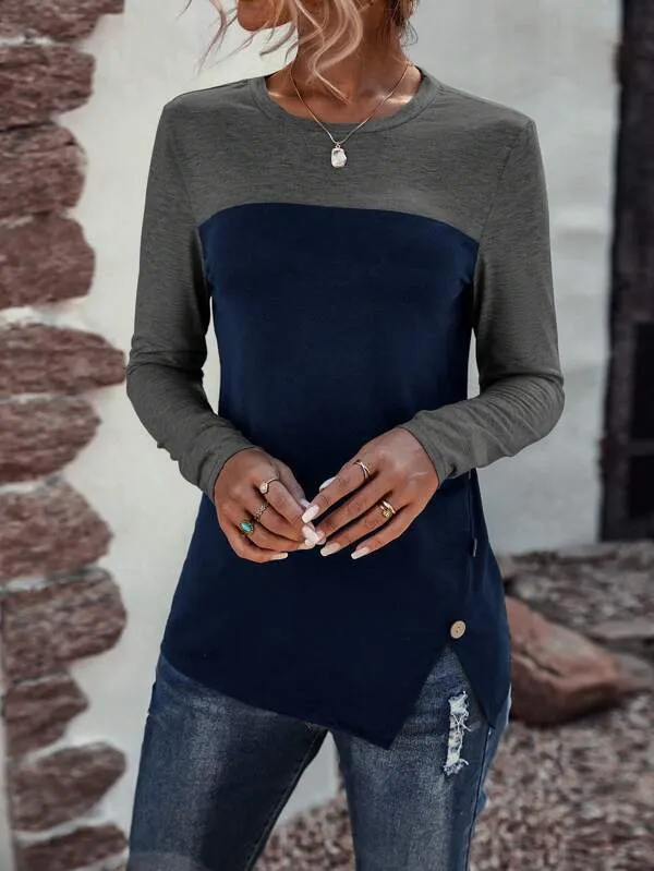Navy Color Block Long Sleeve Top