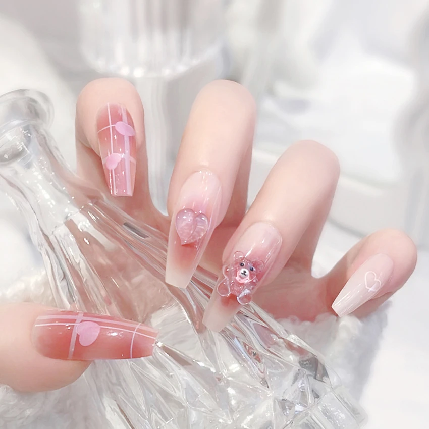 Bayuyun 24Pcs/Set Coffee Leopard French Fake Nails with Diamonds Japan Korean Artificial Acrylic Press on Nails Removable Stick on Nails