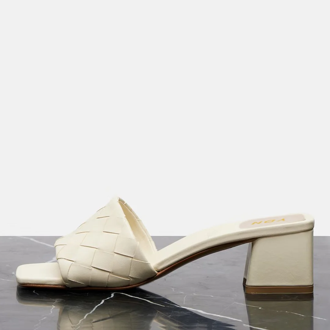 Women's Ivory Open Square Toe Comfortable Heeled Mules with Woven