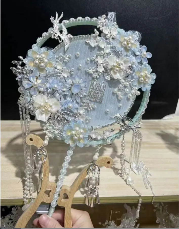 Chinese Bride Blue Wedding Holding Face-covering Xiuhe Fan
