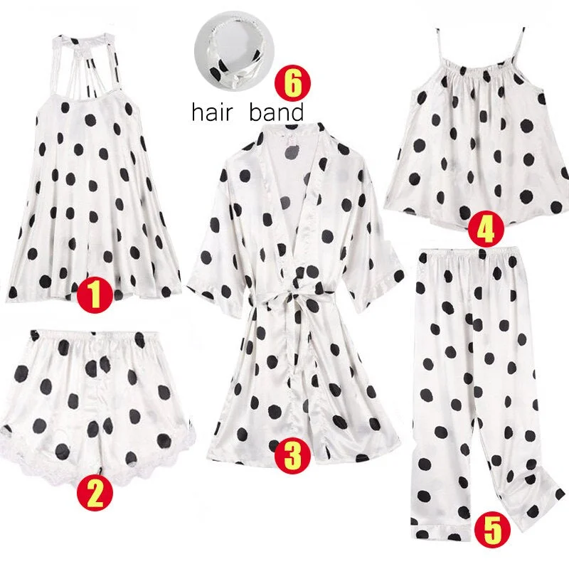 6PCS Women's Pajamas Sets Soft Pyjama Dot Pattern Women Sleepwear Sets Female Satin Spring Autumn Homewear Sexy Robe Nightwear