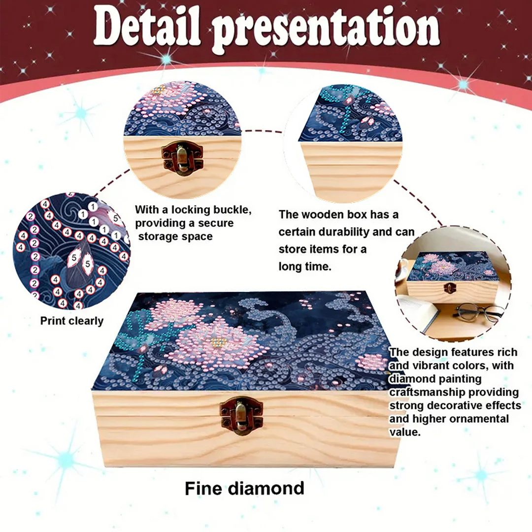5D DIY Diamond Painting Handmade Wood Storage Box for Home Decor Craft (Lotus)