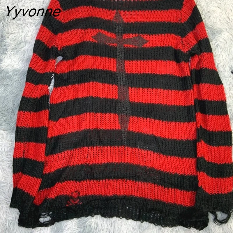 Yyvonne Size Punk Gothic Long Unisex Sweater Dress Cool Hollow Out Hole Broken Jumper Loose Rock Thin Sweter 2023 Women Man Striped 305-0