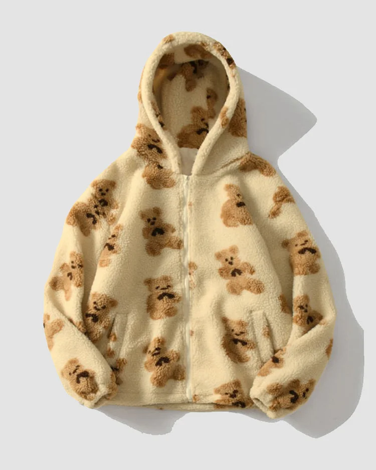 Bear Print Hooded Fleece Jacket
