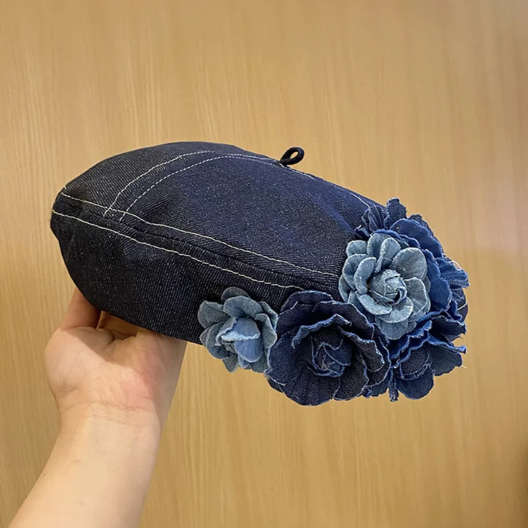 Fashion Color Block 3D Floral Denim Beret