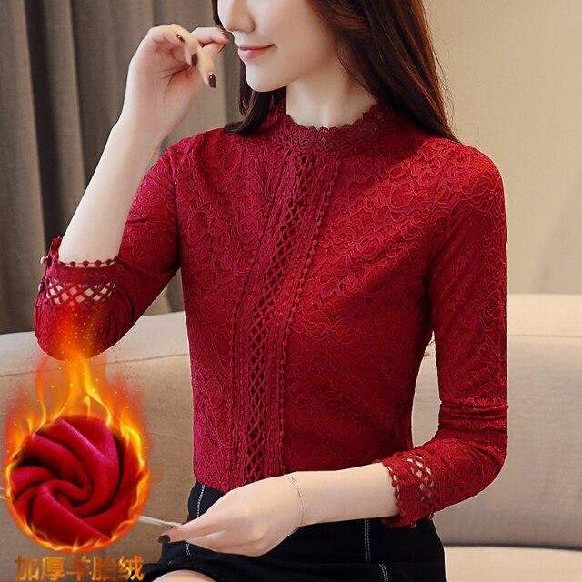 Slim Stand-Up Collar Hollow Out Lace Blouses Bottoming Velvet Shirt Autumn Winter Women Clothing Fashion Elegant Warm Top blusas - Shop Trendy Women's Fashion | TeeYours