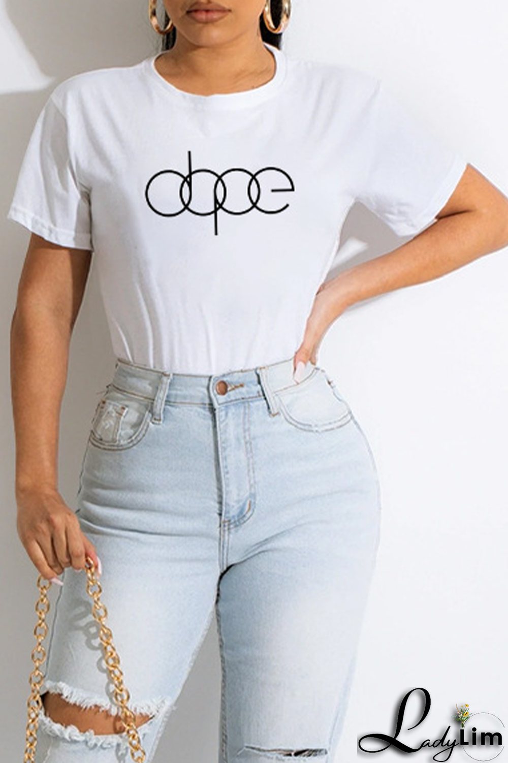 White Fashion Street Print Patchwork O Neck T-Shirts