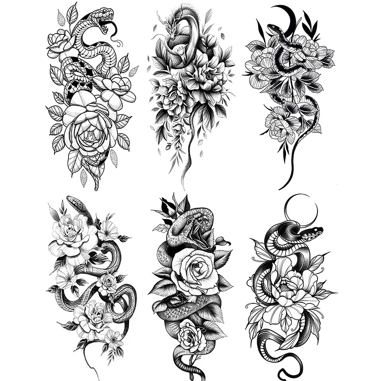 6 Sheets Black Snake Dragon Flower Temporary Tattoo Sticker