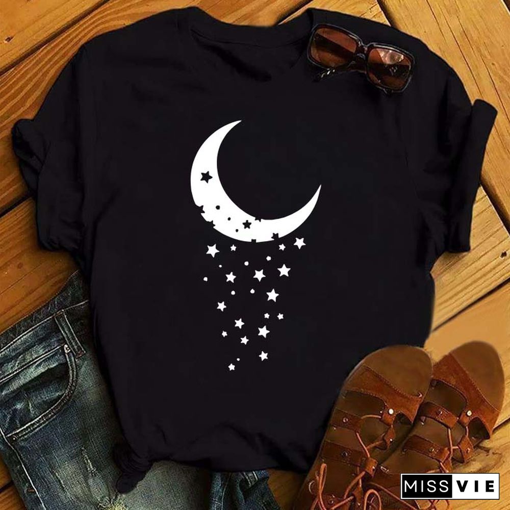 Maycaur Women Harajuku T Shirt New Moon Star Printed T Shirt O-Neck Summer Short Sleeve Tees Women Clothes Graphic T Shirts
