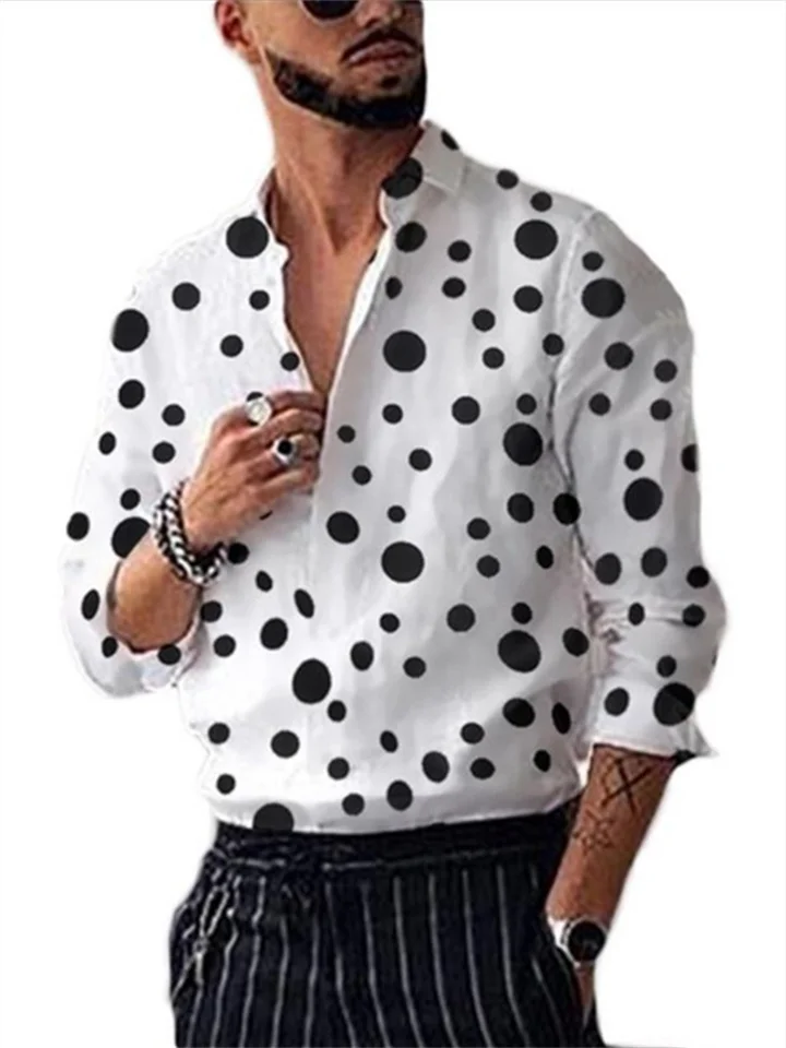 Men's Shirt Polka Dot Printed Casual Peplum Long Sleeve Shirt White Black-Mixcun