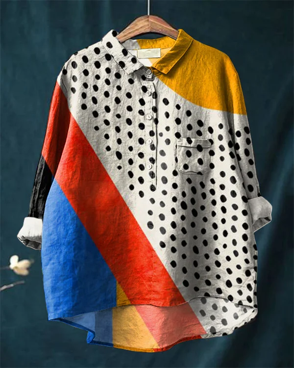 Vintage Abstract Art Print Cotton and Linen Casual Shirt