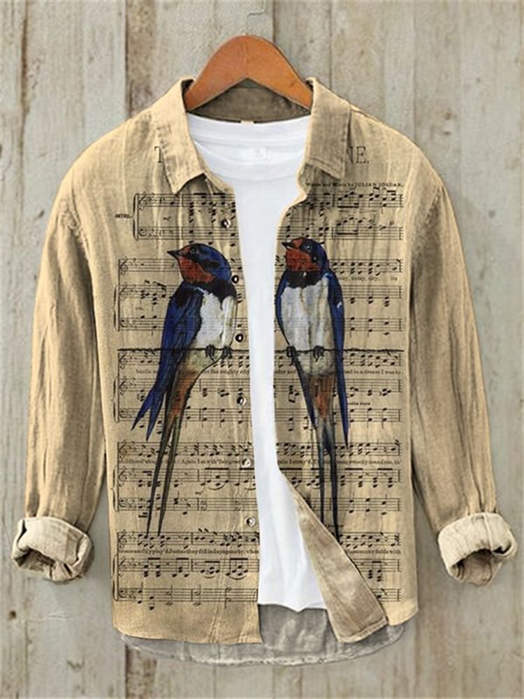 Comstylish Birds Music Score Art Linen Blend Shirt