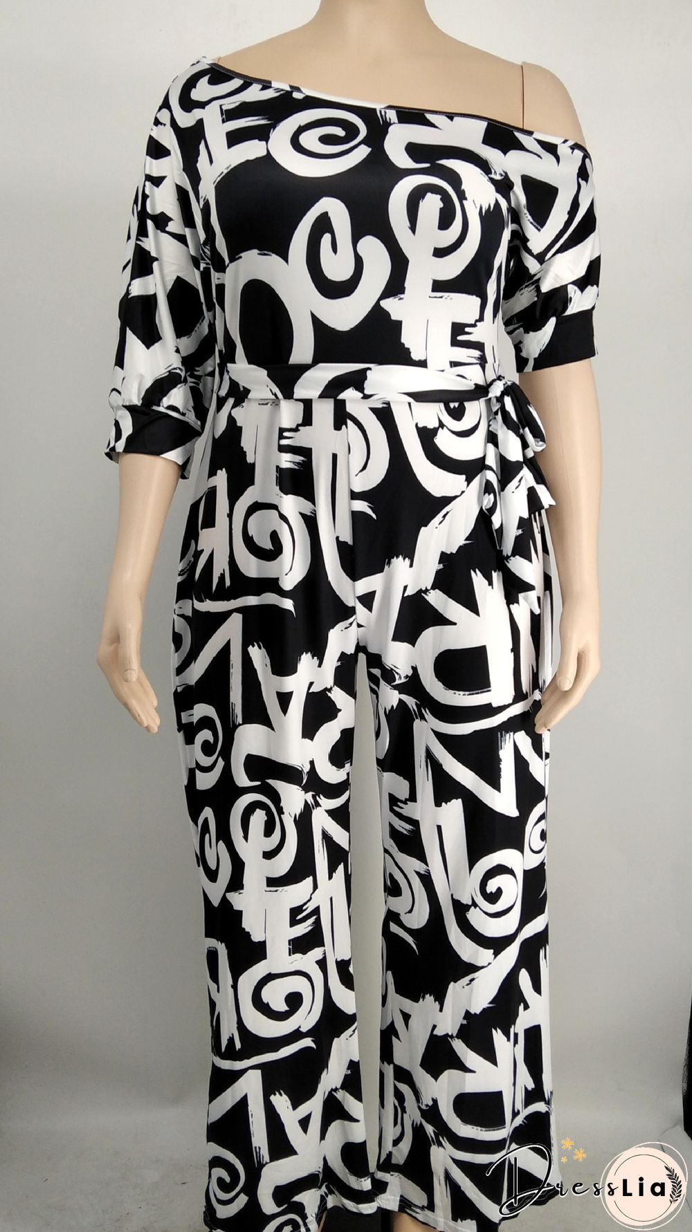 Off-the-shoulder Printed Plus Size Wide Leg Jumpsuit