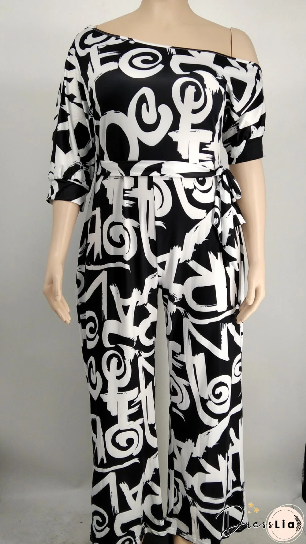 Off-the-shoulder Printed Plus Size Wide Leg Jumpsuit