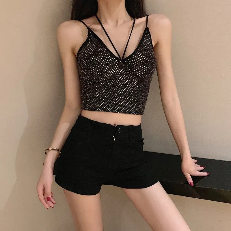 Uveng Uveng Summer Short Sling Dress Slit Women's Small Vest Club Sexy Cross-Back Neck Net Live